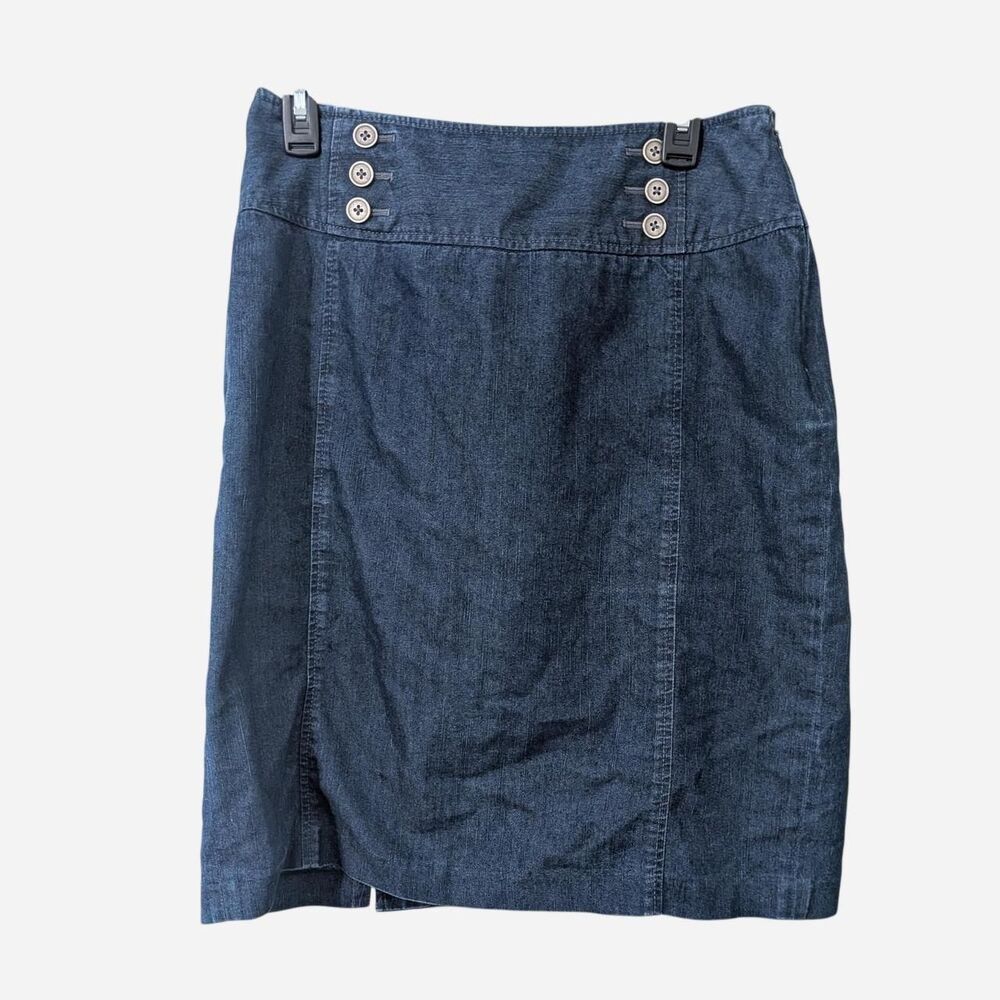 Vintage Y2K Dark Wash Denim Sailor Pencil Skirt with Triple Button Waist Detail